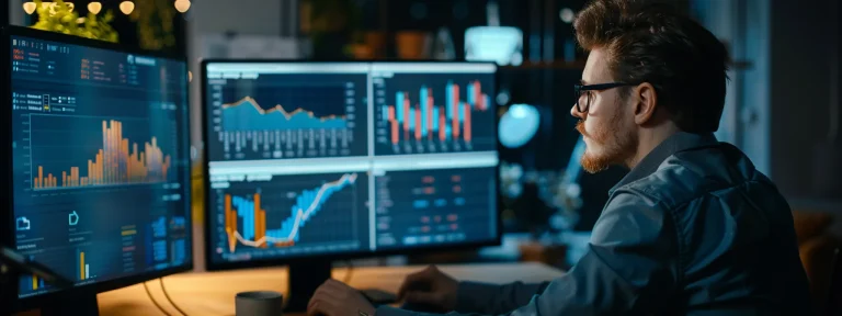 a small business owner analyzing graphs and charts on a computer screen.