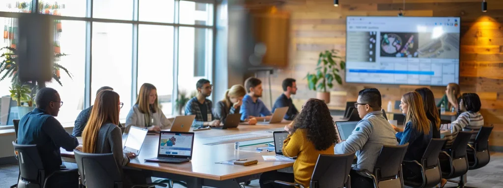 a diverse group of professionals collaborating around a large conference table with laptops and documents, brainstorming and planning strategies to streamline operations and empower businesses through intelligent automation.